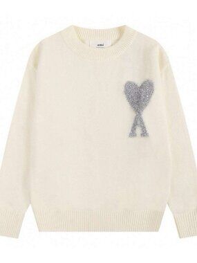 AMI De Coeur Off‑White Knit Sweater Silver Sparkle Heart A Logo Jumper